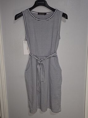 Striped Sleeveless Midi Dress with Waist Tie in Black and White